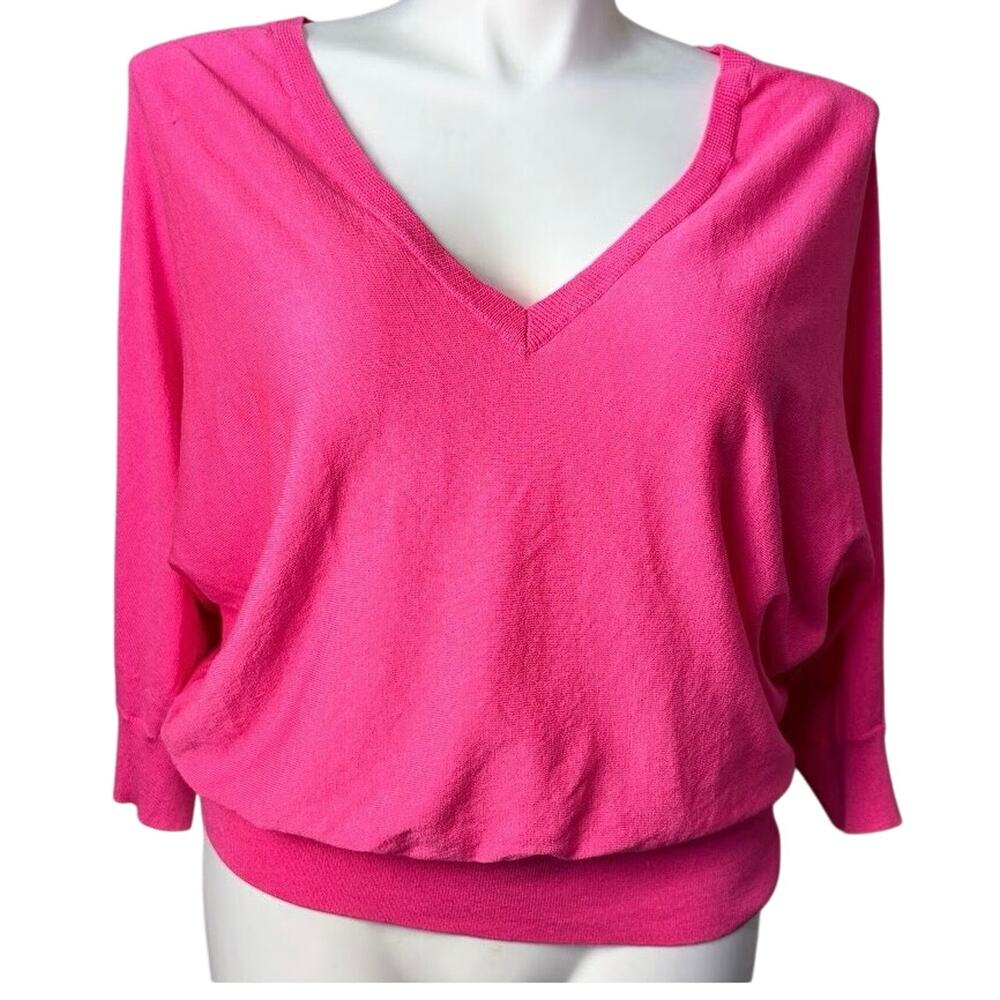 Express Cropped Sweater Hot Pink Oversized V Neck 3/4 Sleeve Sweater Size XL